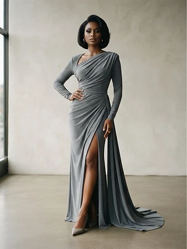 Draped Jersey Gown in Steel Grey