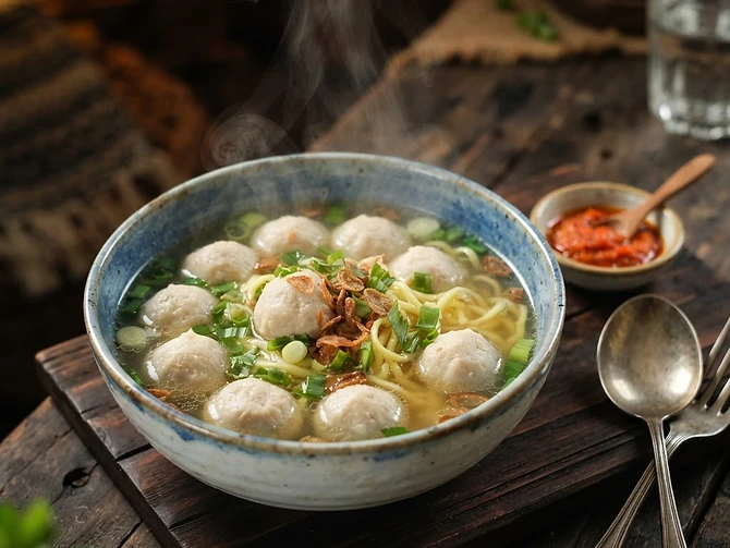 A steaming bowl of Bakso Ayam — the free opening reward