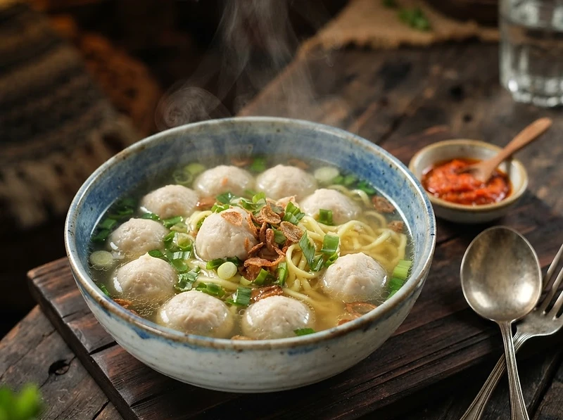 A steaming bowl of Bakso Ayam — your free opening reward