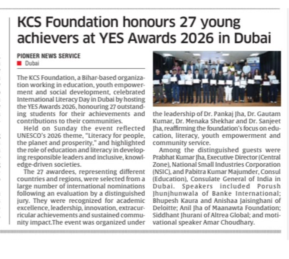 KCS Foundation honours 27 young achievers at YES Awards 2026 in Dubai