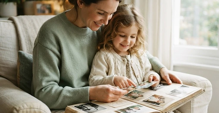 A woman and child gently looking through an open photo album together