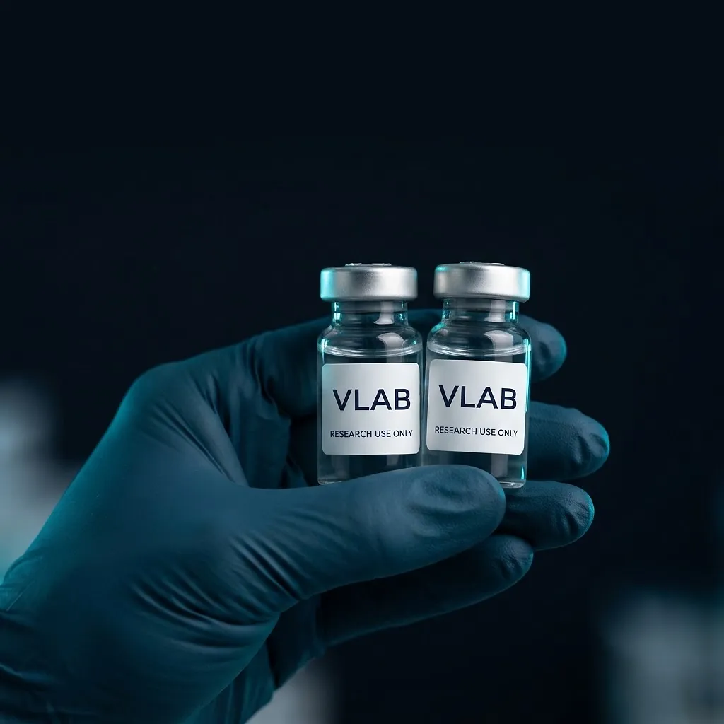 Promotional illustration of a blue-gloved hand holding VLAB research vials