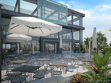 Steel Restaurant and Café design in Irbid with a glazed steel façade, landscaped terrace, and outdoor dining seating