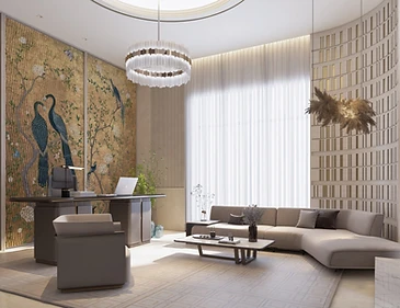 3D render, second office, palace interior design, Doha: peacock wall panels, ring chandelier, sheer curtains
