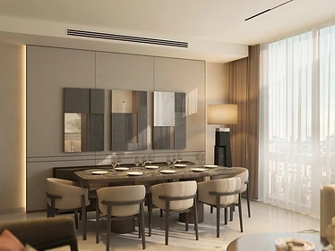 3D render, dining room, flat interior design, Amman: table for eight, textured wall art, full-height sheer curtains