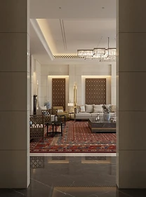 3D render, majlis seen through the doorway, palace interior design, Doha: timber wall panels, red rug, crystal chandelier