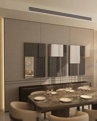 3D render, dining wall, flat interior design, Amman: textured wall art with mirror inserts above a dark sideboard