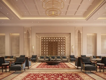 First majlis, Contemporary Islamic Villa, Dammam: gold geometric screen, symmetrical seating, round chandelier
