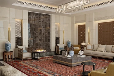 3D render, majlis, palace interior design, Doha: grey veined stone wall, linear fire, blue and white jars