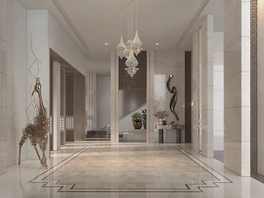 3D render, entrance hall, palace interior design, Doha: glass pendants, gold animal sculptures, marble floor border