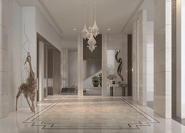 تصور ثلاثي الأبعاد لبهو المدخل، تصميم داخلي لقصر، الدوحة: ثريات زجاجية ومنحوتات ذهبية لحيوانات وإطار أرضية رخامية