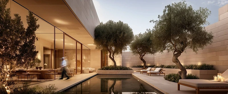 L.D Villa garden in Amman with olive trees, limestone architecture, outdoor seating and a reflecting pool