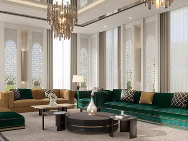 3D render, living room, reverse angle, palace interior design, Doha: mashrabiya panels, gold sofa, emerald corner seating