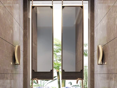 Guest washroom, Contemporary Islamic Villa, Dammam: suspended framed mirrors, brown marble walls, brass fittings