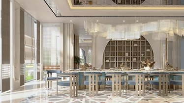 3D render, formal dining room, palace interior design, Doha: arched shelving wall, long table, blue chairs