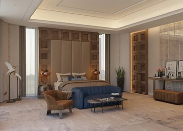 3D render, master bedroom, headboard wall, palace interior design, Doha: fabric headboard, carved timber panels, blue sofa