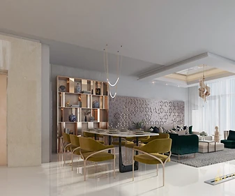 3D render, family dining area, palace interior design, Doha: timber shelving, mustard chairs, lounge with emerald sofa
