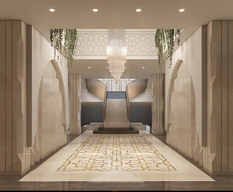3D render, arched stair hall, palace interior design, Doha: star-pattern gold floor inlay, crystal chandelier, hanging plants