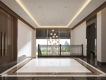 Upper landing, Contemporary Islamic Villa, Dammam: full-height glazing, pendant lights, marble floor