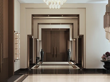 Kuwait commercial hospitality entrance with layered geometric portals, patterned doors and polished stone flooring