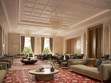 Majlis hall, Contemporary Islamic Villa, Dammam: two seating areas, coffered ceiling, red Persian rugs