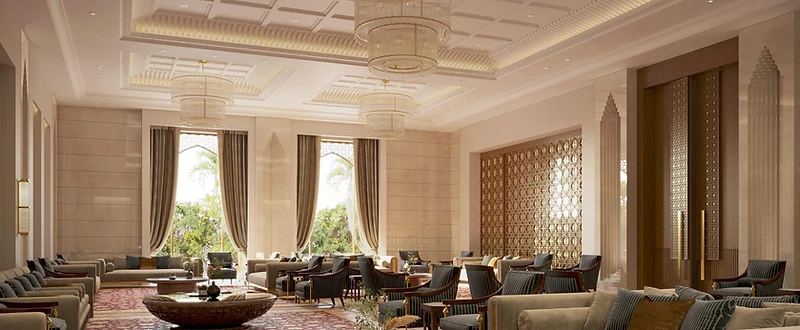 Majlis hall, Contemporary Islamic Villa, Dammam: two seating areas, coffered ceiling, red Persian rugs