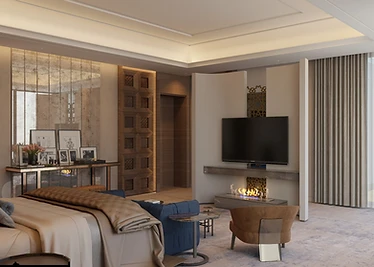 3D render, master bedroom, palace interior design, Doha: carved timber doors, fireplace, TV wall, blue armchairs
