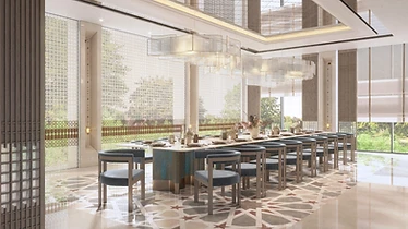 3D render, dining room, garden side, palace interior design, Doha: long table, grey-blue chairs, star-pattern floor