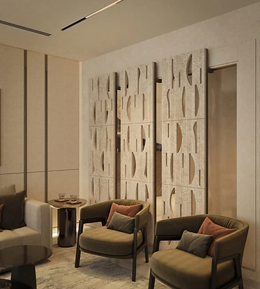 3D render, sitting corner, flat interior design, Amman: carved stone partitions behind two olive armchairs