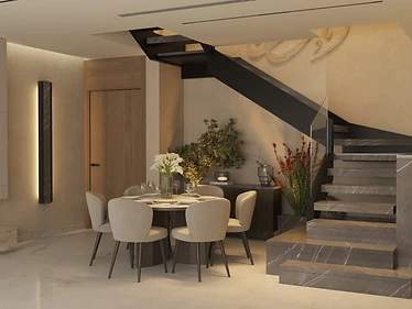 3D render, staircase, flat interior design, Amman: grey veined marble treads, black steel stringer, calligraphy wall