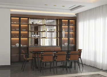 3D render, dining room, duplex interior design, Amman: lit glass display cabinets and tan dining chairs