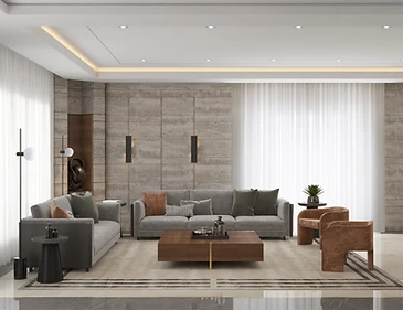 3D render, living room, duplex interior design, Amman: travertine wall, grey sofas, walnut coffee table