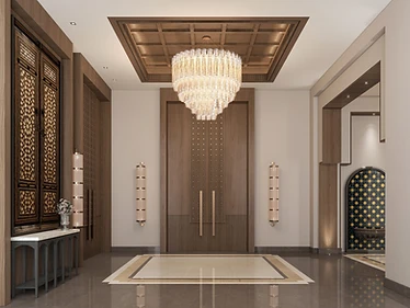 Entrance hall, Contemporary Islamic Villa, Dammam: dark wood double door, coffered wood ceiling, crystal chandelier