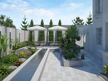 S.B Villa landscape design in Madaba with a linear water feature, layered tropical planting, pale stone paving, and shaded garden seating