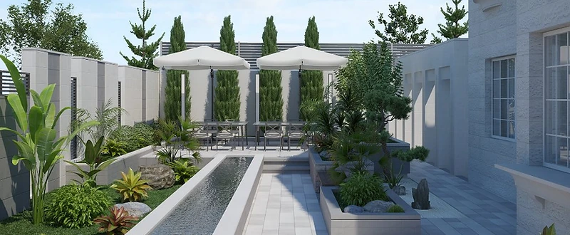 S.B Villa landscape design in Madaba with a linear water feature, layered tropical planting, pale stone paving, and shaded garden seating