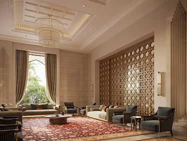 First majlis, Contemporary Islamic Villa, Dammam: arched garden window, geometric screen wall, striped armchairs