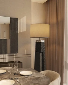 3D render, dining corner, flat interior design, Amman: carved stone floor lamp, marble table, bronze curtains