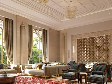 Second majlis, Contemporary Islamic Villa, Dammam: arched windows, draped curtains, beige sofas with brass base