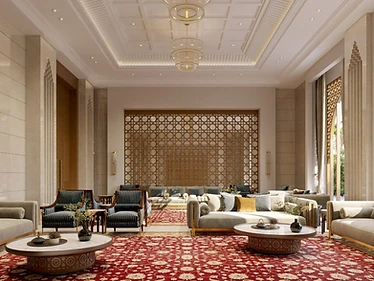Second majlis, Contemporary Islamic Villa, Dammam: low round tables, gold screen, layered chandeliers