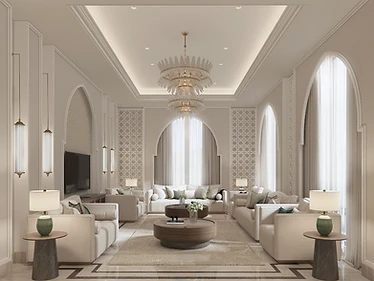 M.S Residence formal reception room in Jeddah with tall pointed arches, patterned screens, ivory seating and layered chandeliers
