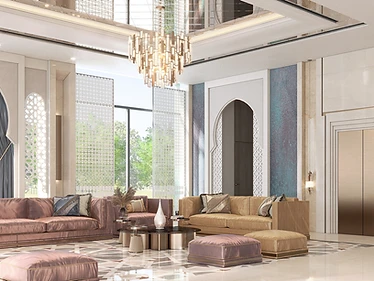 M.G Villa interior in Dammam with tall windows, sculptural arches, elegant seating and abundant natural light