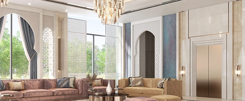 M.G Villa interior in Dammam with tall windows, sculptural arches, elegant seating and abundant natural light