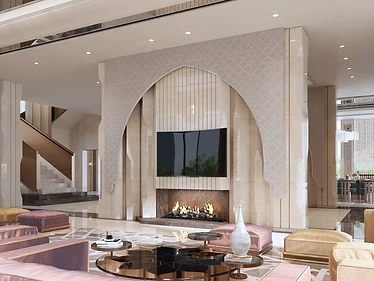 3D render, formal living room, palace interior design, Doha: arched fireplace wall, pink velvet seating, stair behind