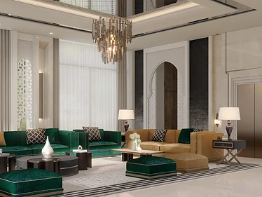 3D render, double-height living room, palace interior design, Doha: emerald velvet sofas, crystal chandelier, lift doors