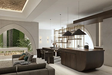 3D render, open kitchen, palace interior design, Doha: curved timber island, black pendants, brass shelving