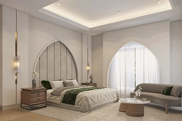 3D render, guest bedroom, palace interior design, Doha: pointed-arch headboard, green throw, curved sofa