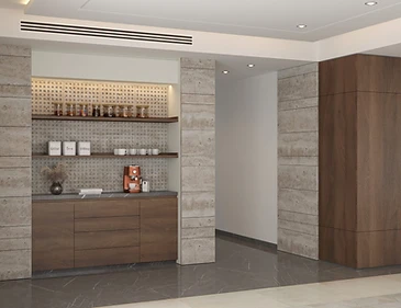 3D render, coffee niche, duplex interior design, Amman: travertine columns, open shelves, walnut cabinet