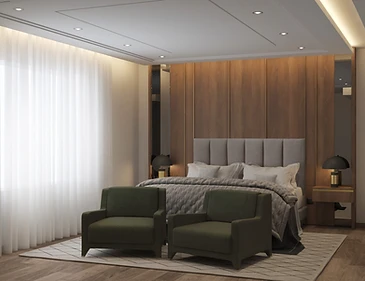 3D render, master bedroom, duplex interior design, Amman: walnut panelled wall, grey headboard, armchairs