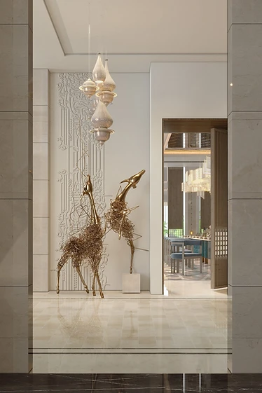 3D render, entrance view to dining room, palace interior design, Doha: glass pendants, gold gazelle sculptures, timber door