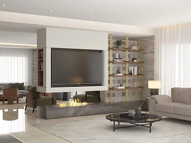 3D render, TV wall, duplex interior design, Amman: fireplace, brass shelving and a grey sofa